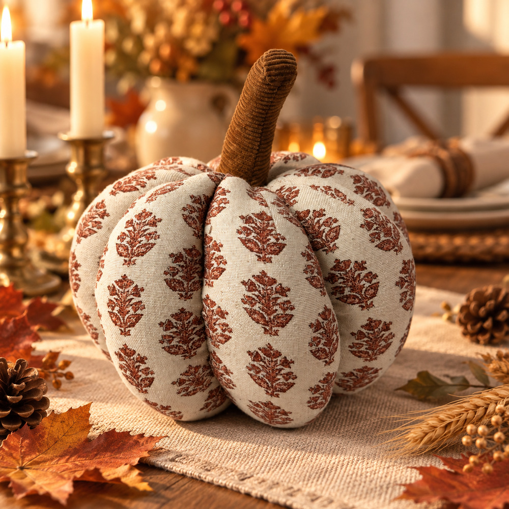 Rust Block Print Fabric Pumpkin 8.5" Fall Thanksgiving Farmhouse Decor